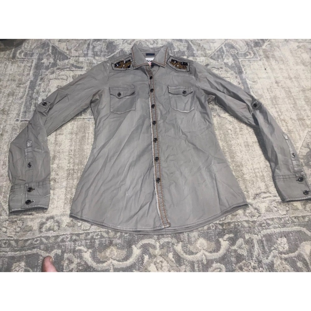 Womens Button Down Roar Rhinestone Tribal Wave Beige Gray Shirt Size Small